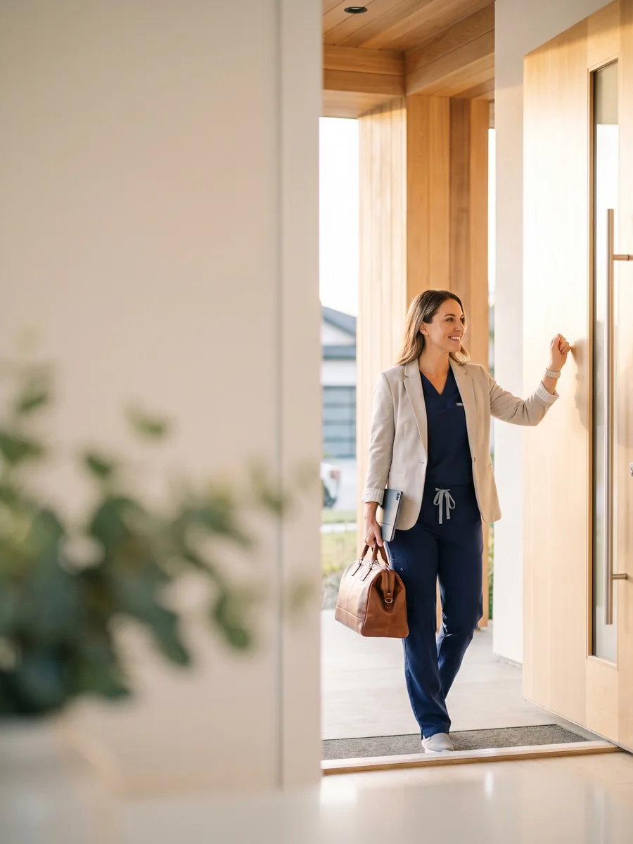 Doctor providing in-home care to patient, checking blood pressure